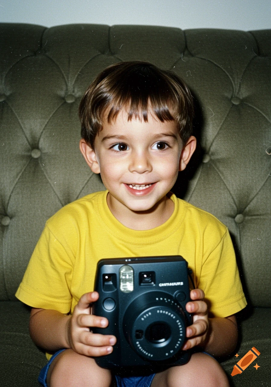 A smiling young boy in a yellow tee holds a black instant camera, sitting on a green tufted couch, 1990s photorealistic style.