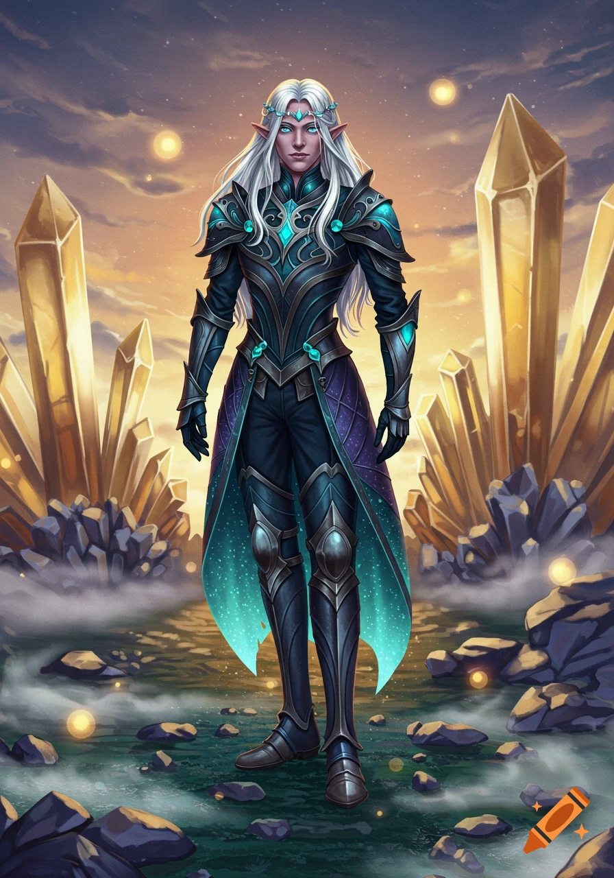 An elf warrior with long white hair in ornate dark blue and teal armor stands amidst glowing golden crystals under a twilight sky, digital art.
