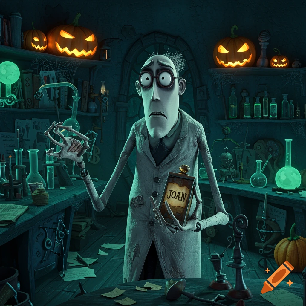 A gaunt, stylized scientist in a spooky lab holds a skeletal hand and a box labeled "JOAN" as jack-o'-lanterns glow.