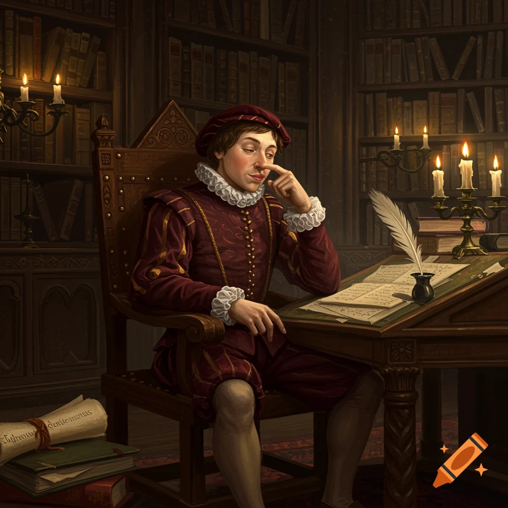 A young man in Tudor attire sits at a desk in a dimly lit library, picking his nose while surrounded by books and papers.