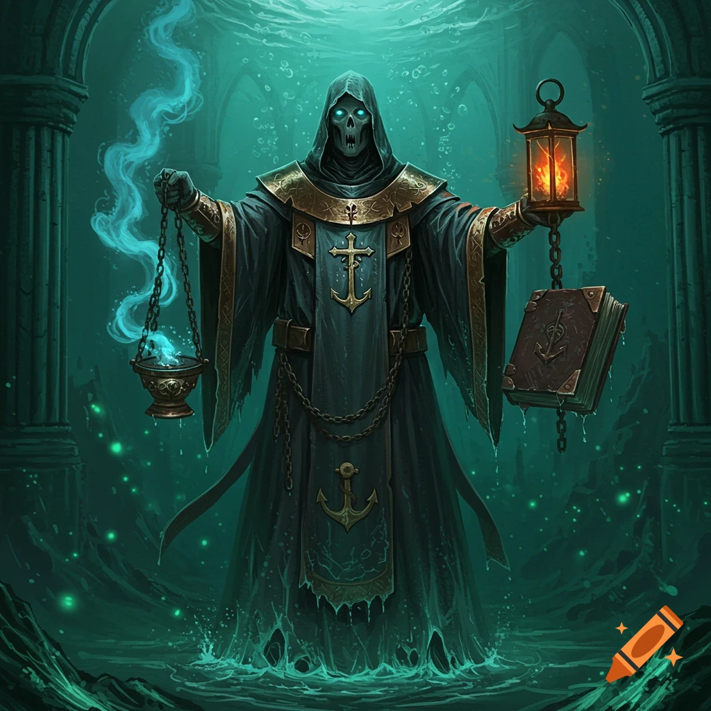 Skeletal drowned priest in dark robes holding a censer and lantern in an underwater ruin, dark fantasy art.