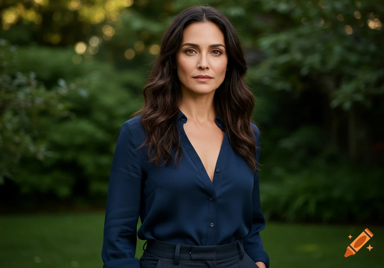 A woman with dark wavy hair, wearing a navy blue shirt and gray pants, looks at the camera against a blurred green outdoor background.