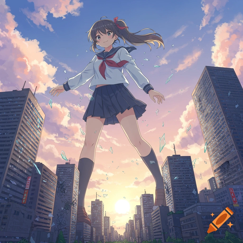 A colossal anime school girl in a uniform smiles as she steps through a city at sunset, with buildings cracking and glass shattering.