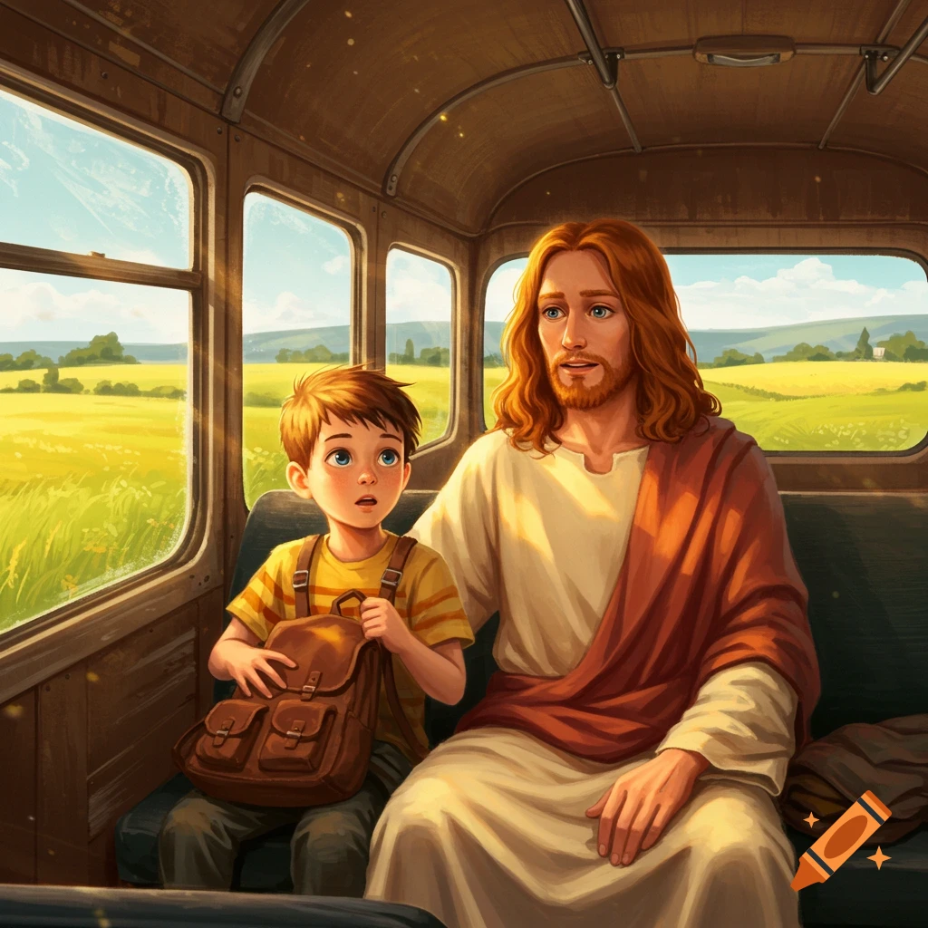 Illustrated image of Jesus with long ginger hair and a young boy with a backpack riding a bus, looking out at a sunny green and yellow field.