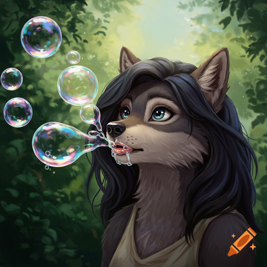 Digital painting of a gray anthropomorphic wolf woman with dark hair blowing iridescent bubbles in a lush green forest.