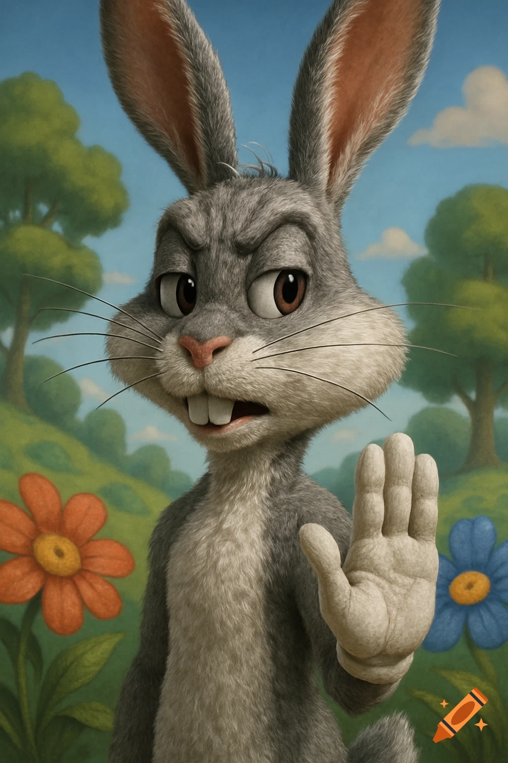 A hyperrealistic, angry Bugs Bunny-like rabbit raises a hand in a stop gesture, standing in a green outdoor setting with flowers.
