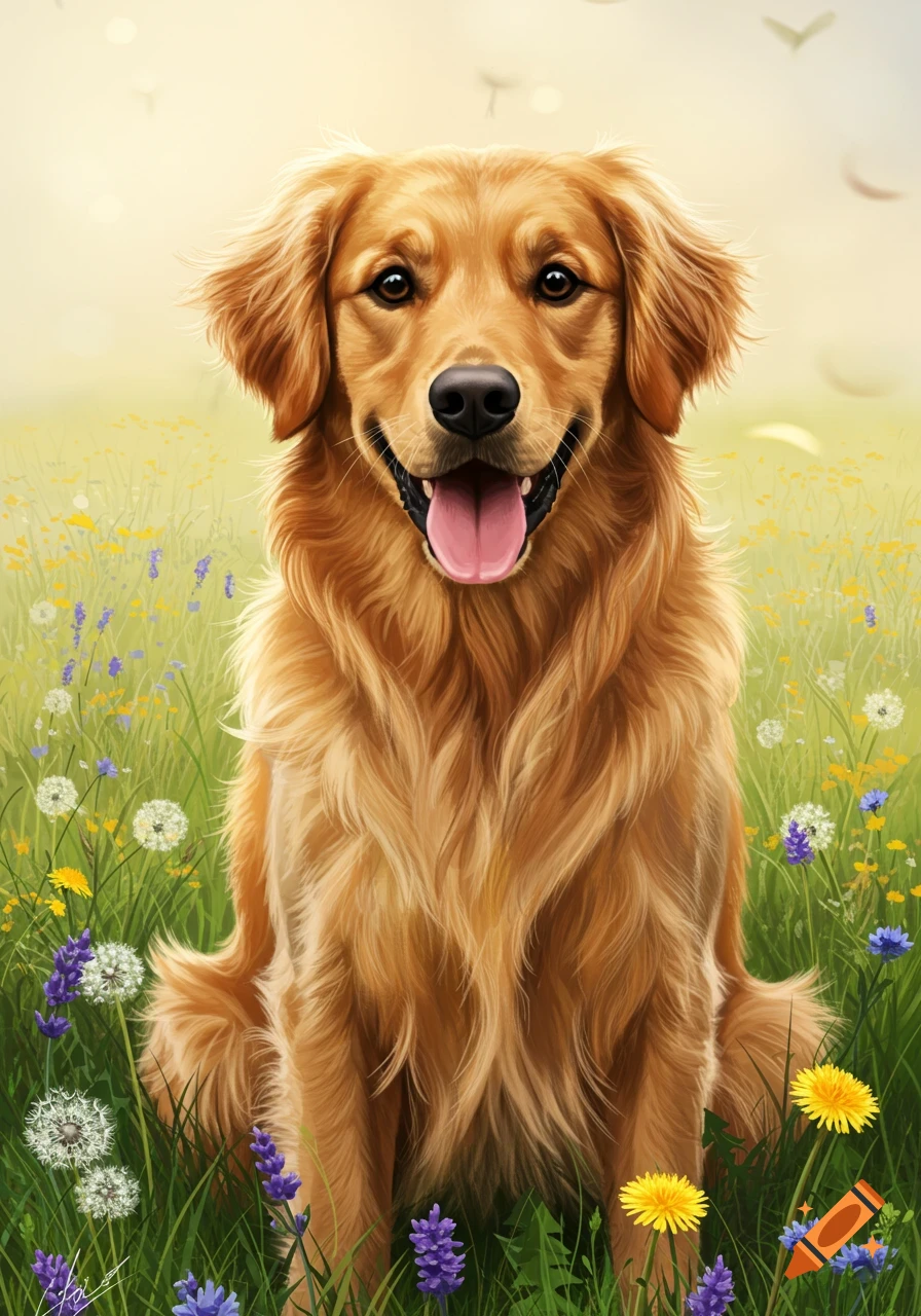 A happy golden retriever sits in a vibrant field of dandelions, lavender, and other wildflowers under a bright sky.