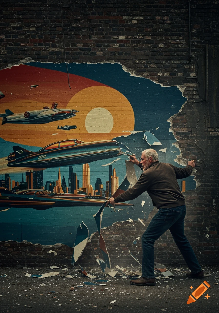Elderly man rips a vibrant retro-futuristic mural depicting flying cars and a skyline from a decaying brick wall, gritty photorealistic style.
