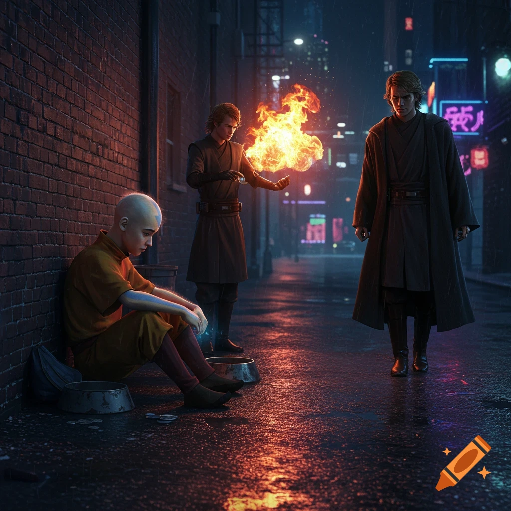 Photorealistic image of a dejected Aang sitting in a dark, rainy alley as two Anakins Skywalker stand nearby, one conjuring fire.