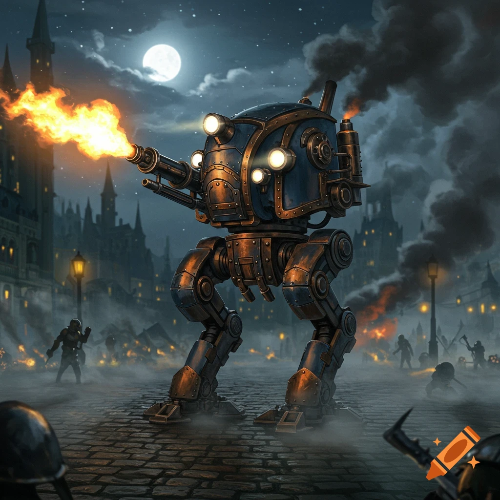 A large steampunk mech with a flamethrower stands on a cobbled street in a dark, misty city at night, with small figures and fires in the background.