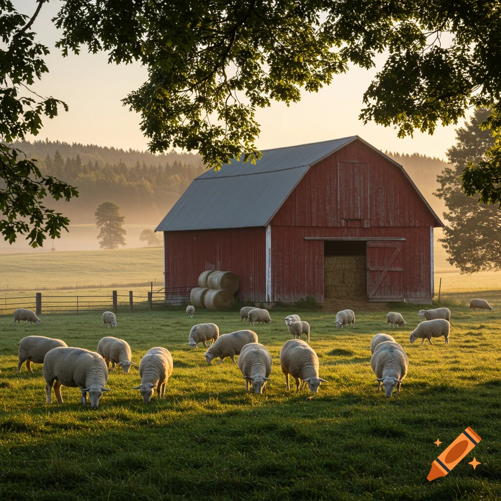 Photorealistic image of sheep grazing in a sunlit field with a red barn, framed by tree branches at sunrise.