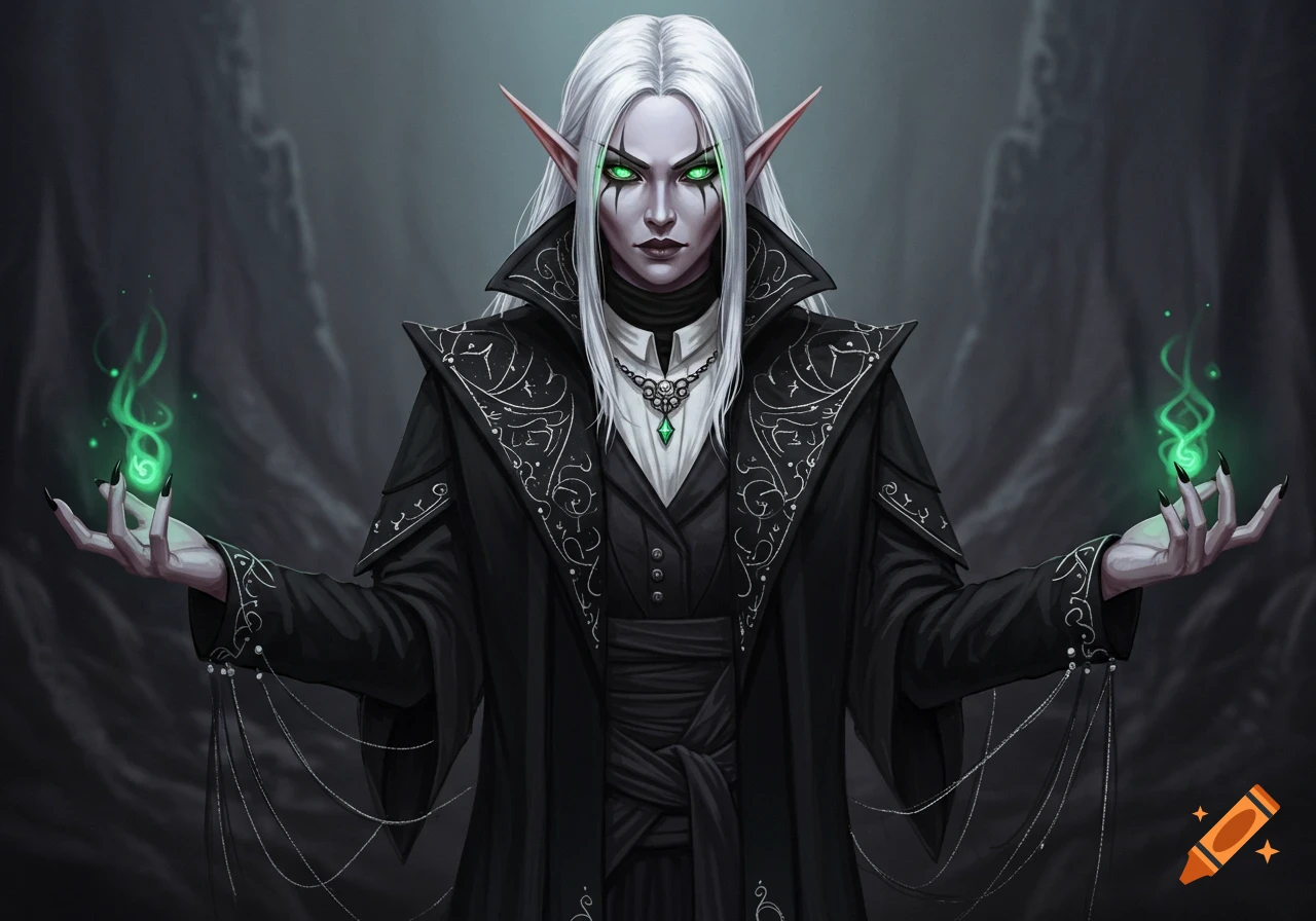 A white-haired, pale-skinned female elf with glowing green eyes wears a black ornate coat and holds green magic flames. Dark fantasy art.