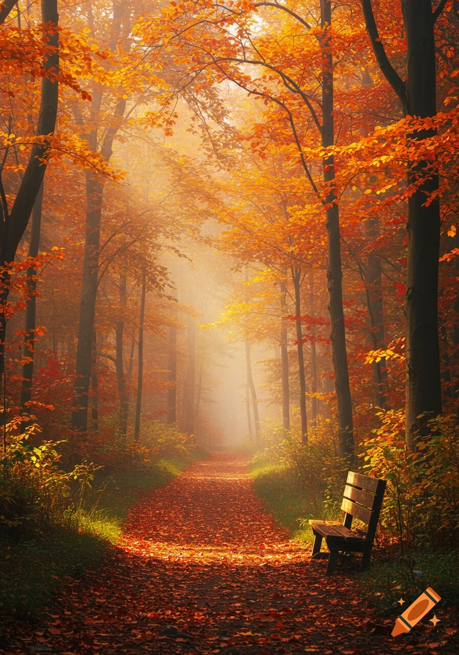 A sunlit autumn forest path covered in orange leaves with a wooden bench on the right, surrounded by vibrant trees and mist.