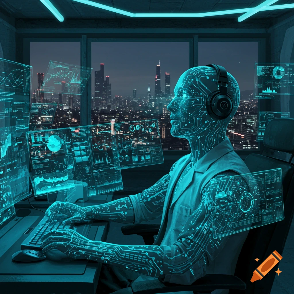 A cyberpunk figure made of circuit boards works at a computer with holographic screens, overlooking a neon city at night.