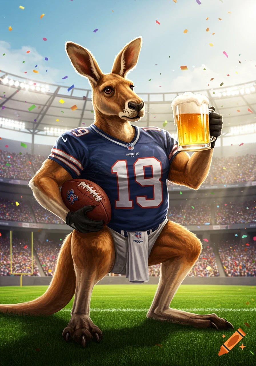 A muscular kangaroo wearing a blue football jersey with number 19, holding a football and a frothy beer mug in a bright, confetti-filled stadium.