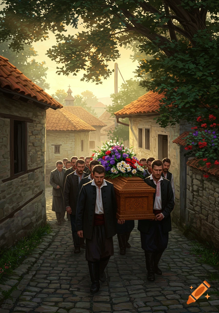 A funeral procession of men in traditional clothing carrying a flower-adorned coffin down a cobblestone street in an old European village at sunset.