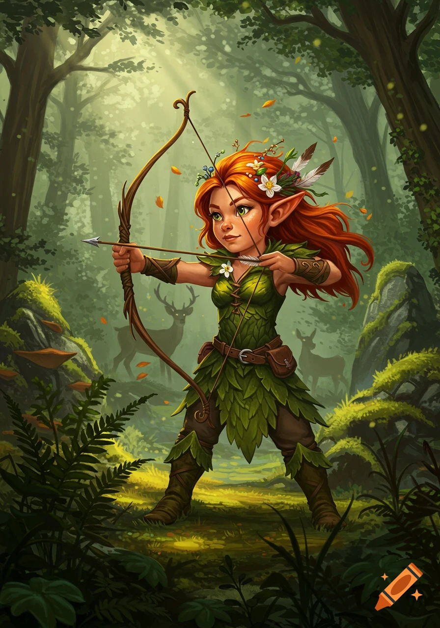 A vibrant cartoon-style forest elf or gnome with red hair aims a bow and arrow in a sunlit, mystical forest with deer in the background.