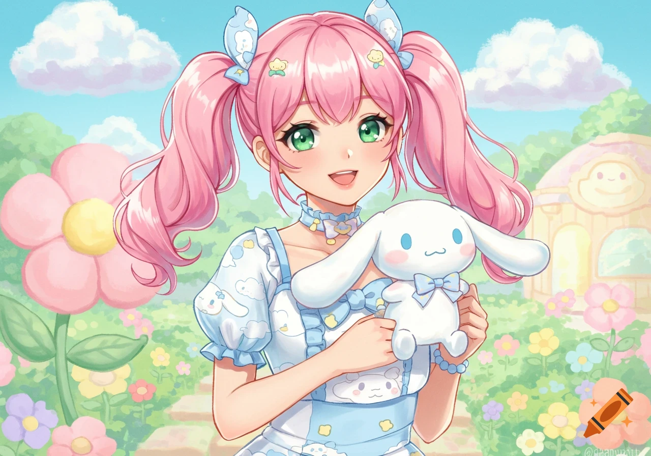 An anime girl with pink pigtails and green eyes holds a Cinnamoroll plush in a pastel garden.