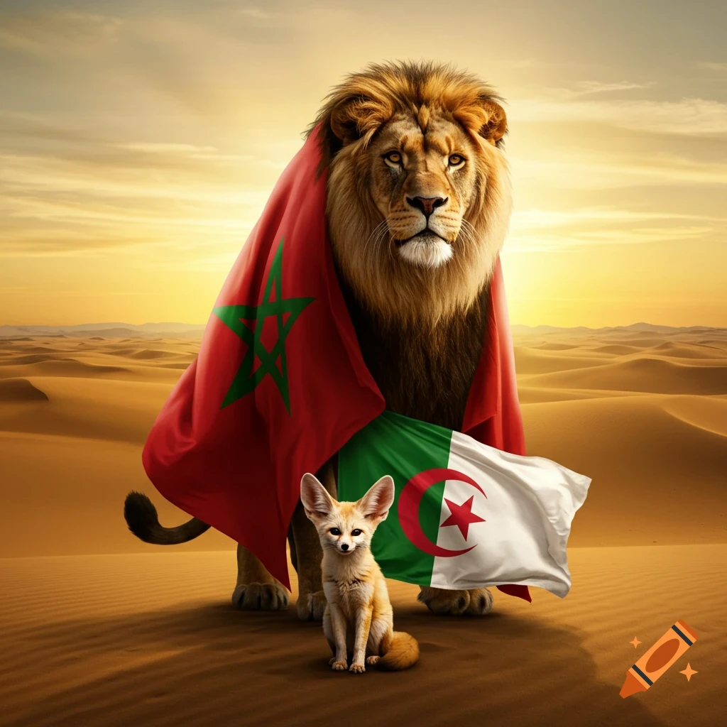 Photorealistic image of a majestic lion draped in a Moroccan flag standing in a desert, with a fennec fox sitting in front of it beside an Algerian flag.