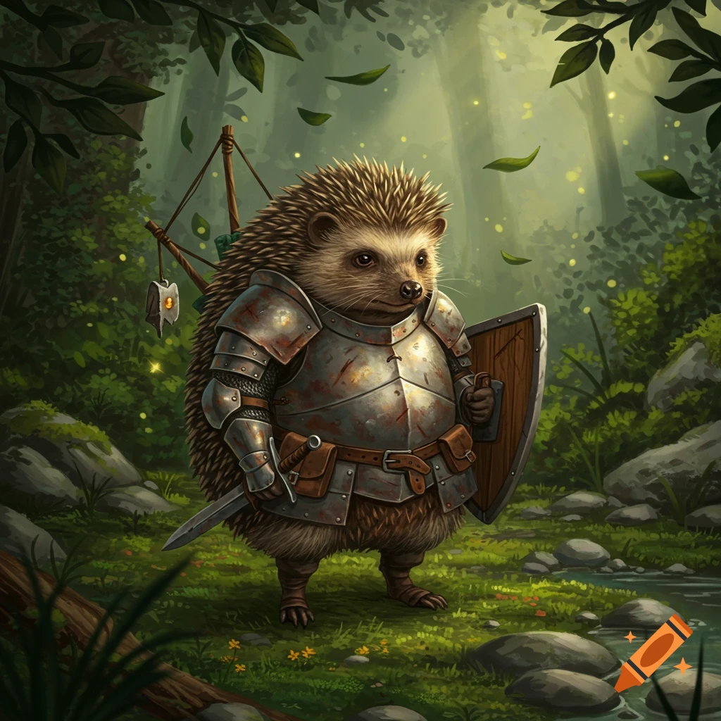 A hedgehog warrior in rusty plate armor with a sword and shield stands in a magical forest beside a stream.