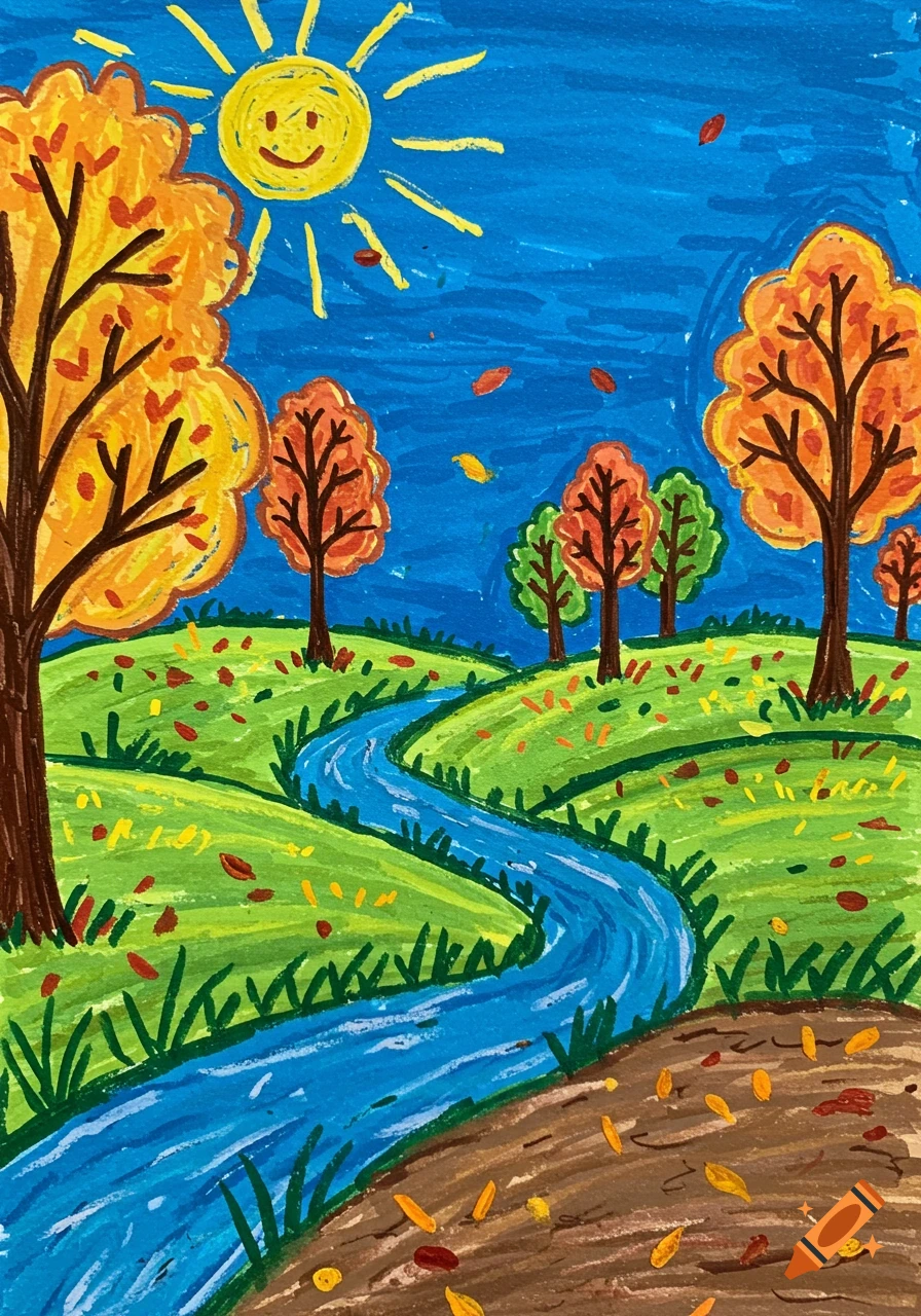 A childish crayon drawing of a vibrant autumn landscape featuring a winding river, trees with colorful fall foliage, fallen leaves on green hills, and a smiling sun in a blue sky.
