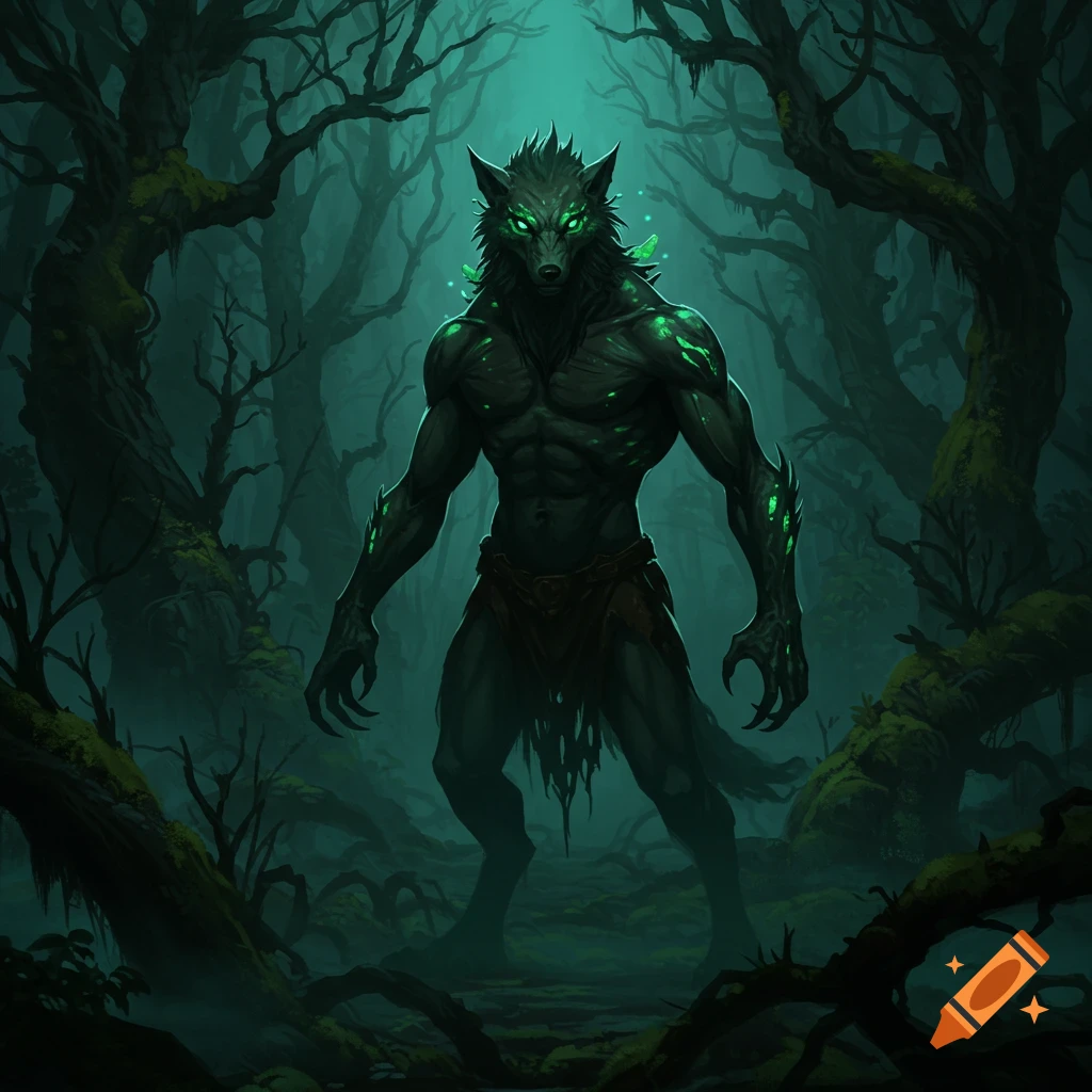 A muscular, dark wolf-like chimera with glowing green eyes and bioluminescent markings stands in a dark, misty forest.