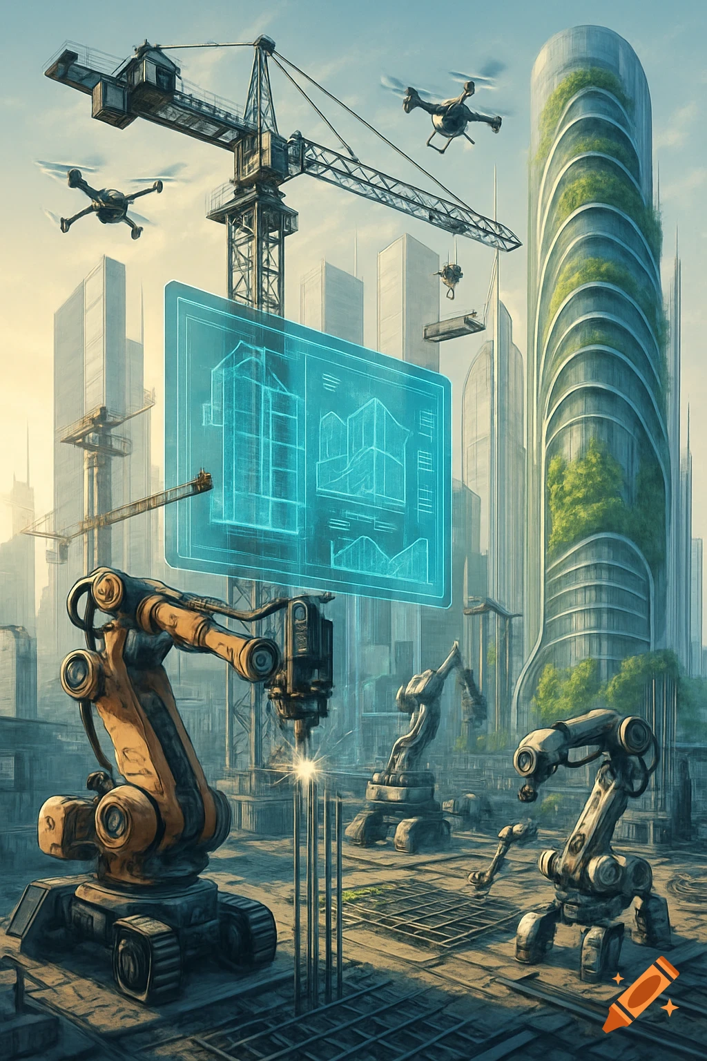 Futuristic construction site with robotic arms, flying drones, a holographic blueprint, and green skyscrapers against a bright sky.