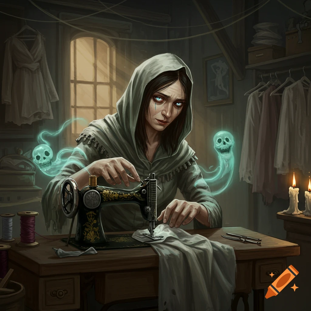 A cursed seamstress with glowing blue eyes in a hooded cloak sews at an antique machine, surrounded by floating blue ghost skulls in a dark room.