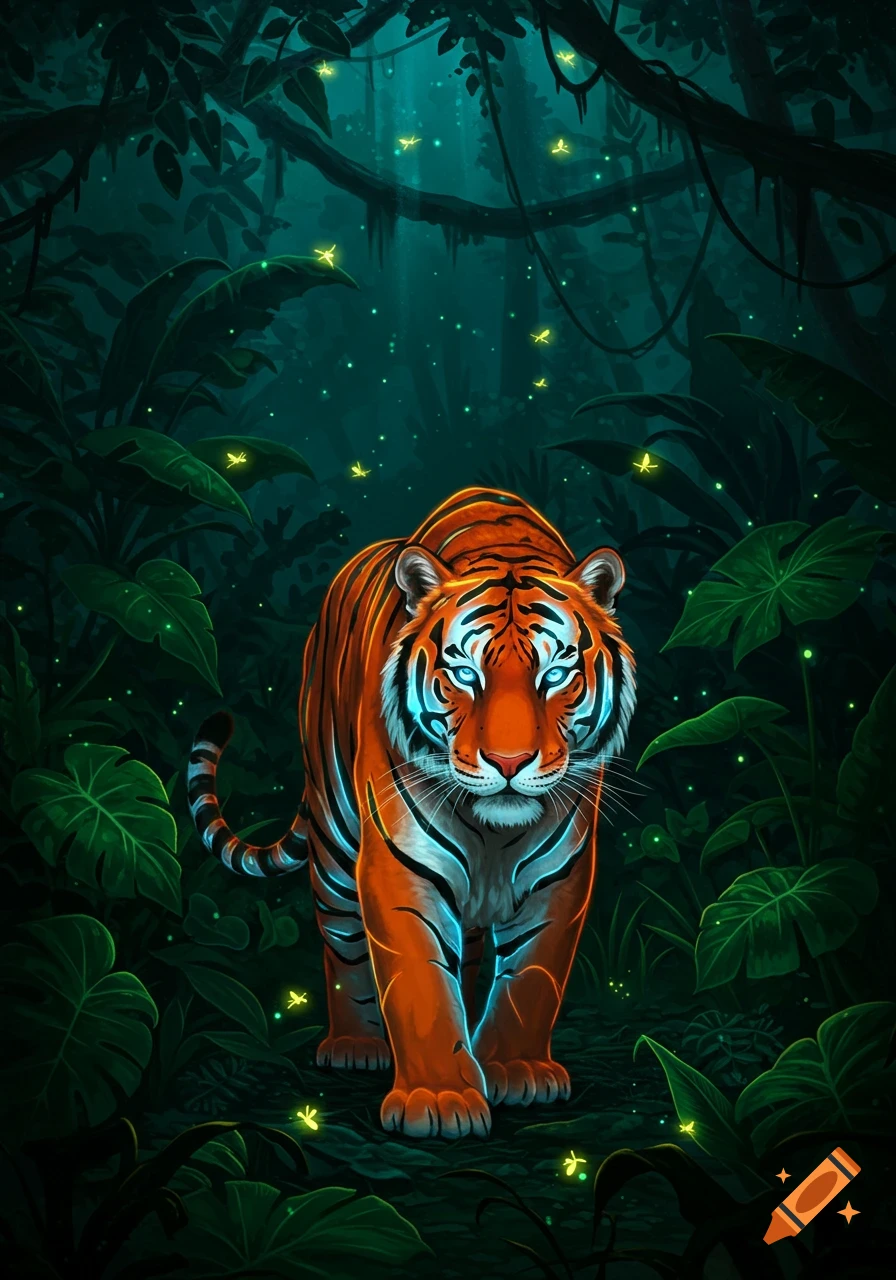 A stylized glowing tiger with bright blue eyes walks through a dark, lush jungle with fireflies.