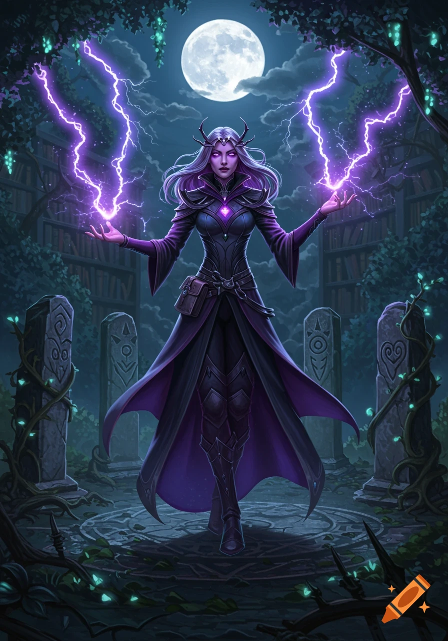 A dark sorceress with white hair and horns casts purple lightning under a full moon in an overgrown magical ruin.