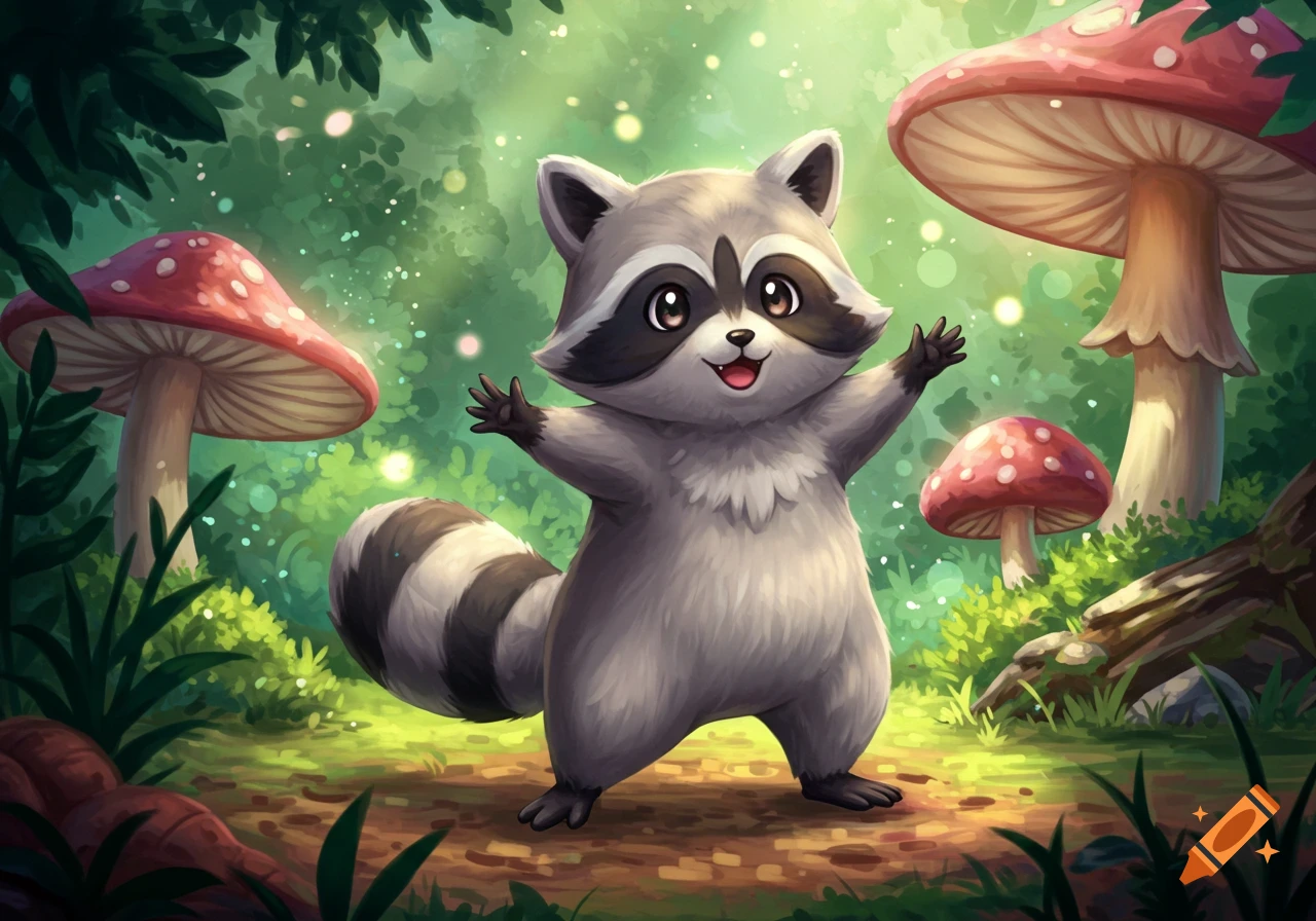 A cute, happy cartoon raccoon stands in a lush, green forest with red-capped mushrooms, in a whimsical Pokémon style.