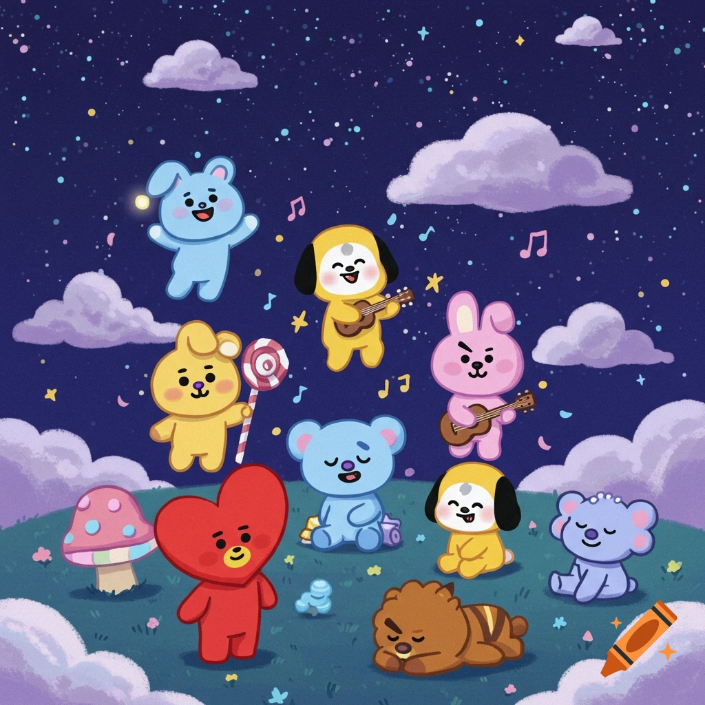 Cute BT21 characters playing music under a starry night sky with clouds and a mushroom, in a vibrant cartoon style.