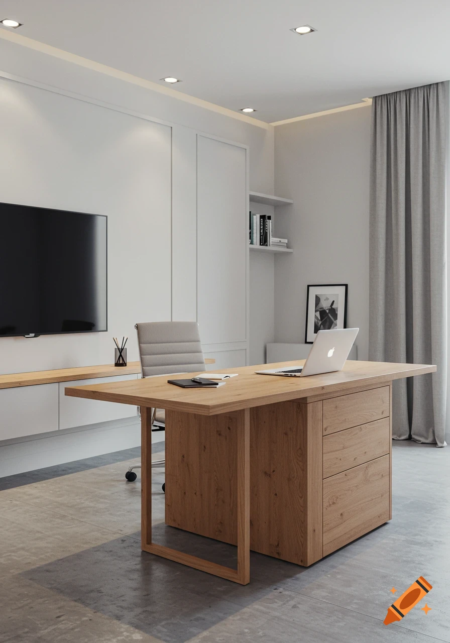 Modern office with a wooden desk, rolling chair, large wall-mounted TV, and a laptop open on the desk.