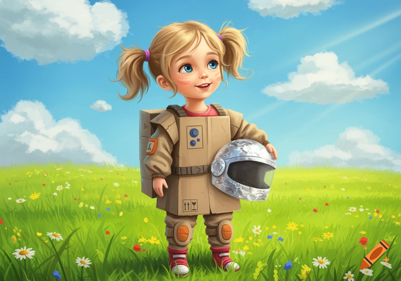 An illustration of a cheerful little girl in a cardboard spacesuit, holding a helmet, in a green field under a blue sky.