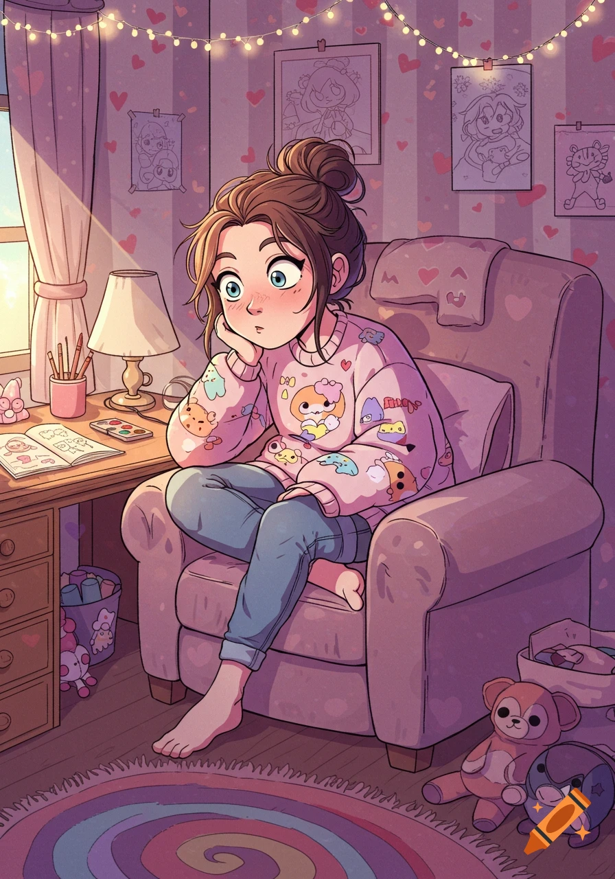 A cartoon girl with a messy bun sits thoughtfully in a pink armchair in a cozy room with string lights, heart wallpaper, and a desk.
