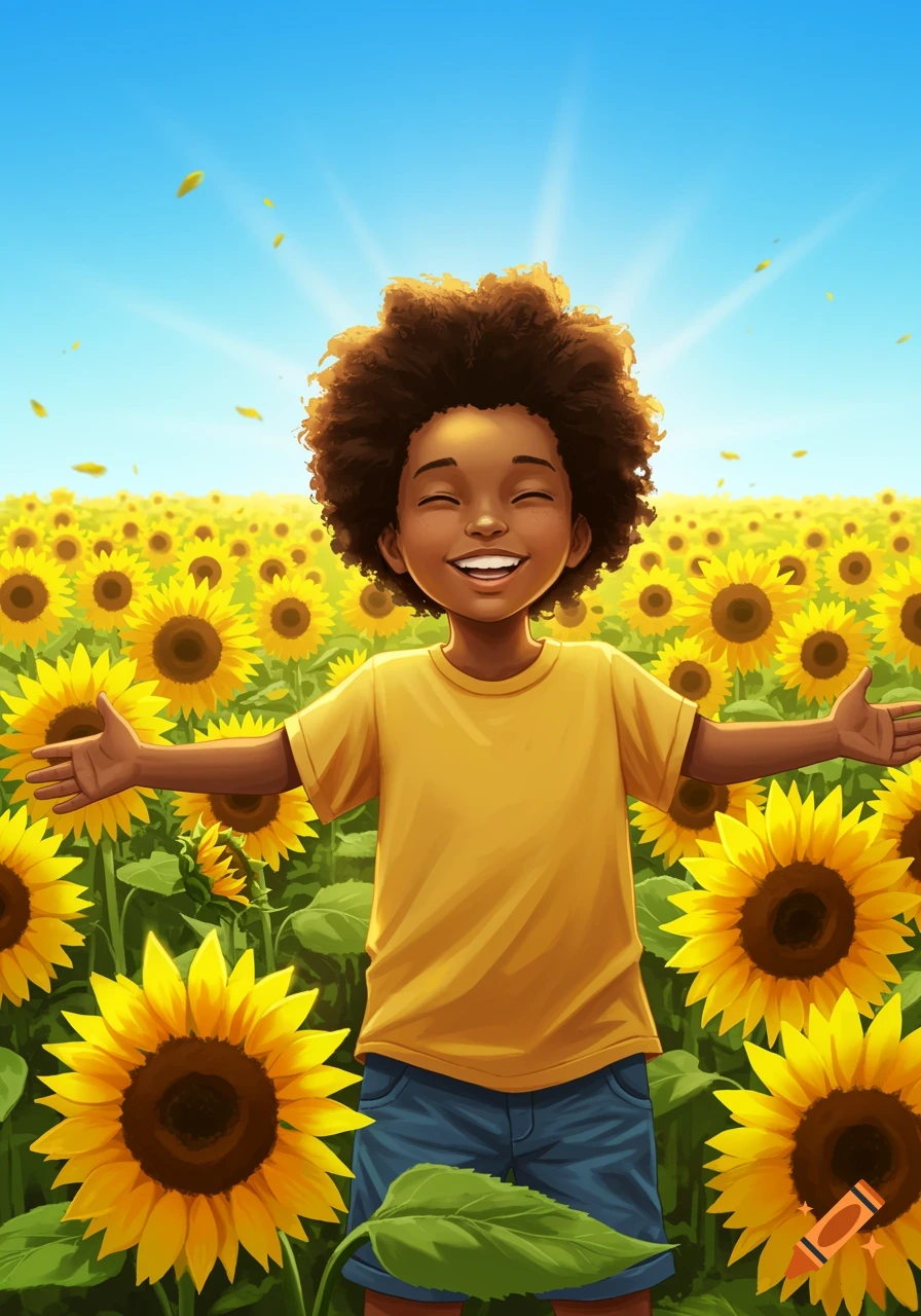 A smiling young boy with curly hair stands with open arms in a vibrant field of sunflowers under a bright blue sky.
