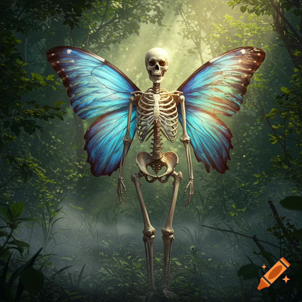 A full skeleton with large, vibrant blue butterfly wings stands upright in a misty, sunlit forest. The skeleton is centered, illuminated from above.
