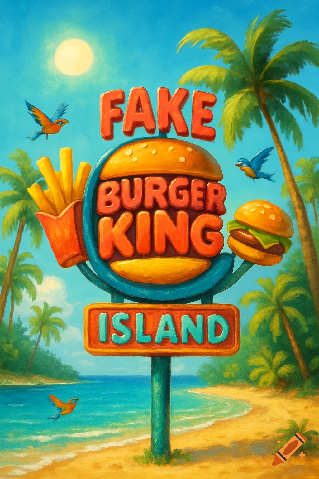 Colorful, stylized painting of a 'FAKE BURGER KING ISLAND' sign on a sandy tropical beach with palm trees and birds.