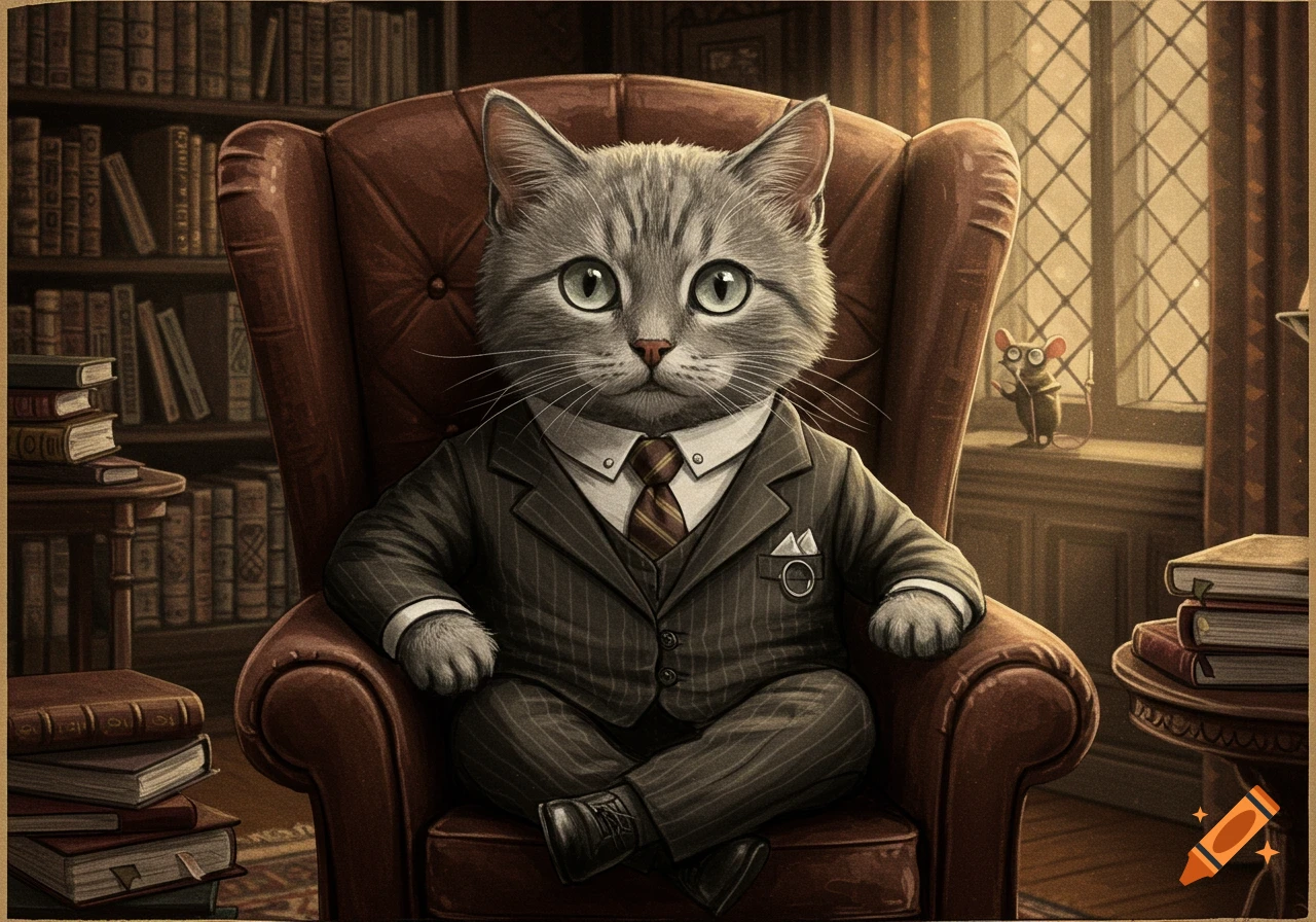 A grey tabby cat in a pinstriped suit and tie sits in a leather armchair in a library, a small mouse watches from a window.
