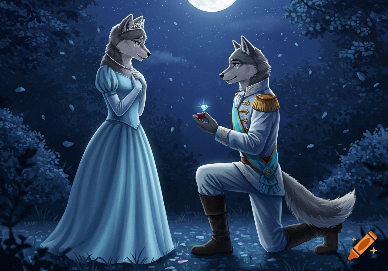An anthropomorphic gray wolf princess in a light blue gown cries tears of joy as a male wolf prince proposes with a diamond ring under a full moon.