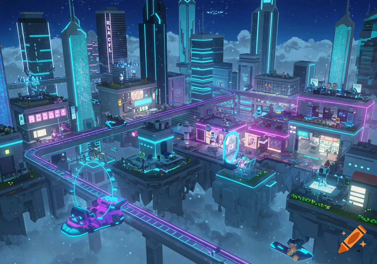 A vibrant, futuristic Roblox-style city with neon-lit skyscrapers, floating platforms, and elevated tracks under a starry sky.