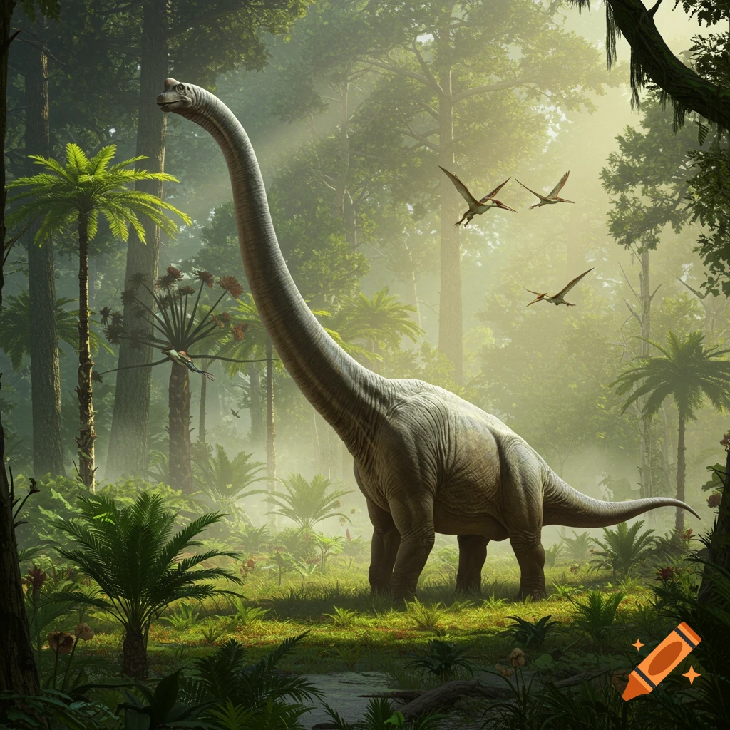 A long-necked, photorealistic dinosaur stands in a lush, sun-dappled prehistoric jungle with pterodactyls flying overhead.