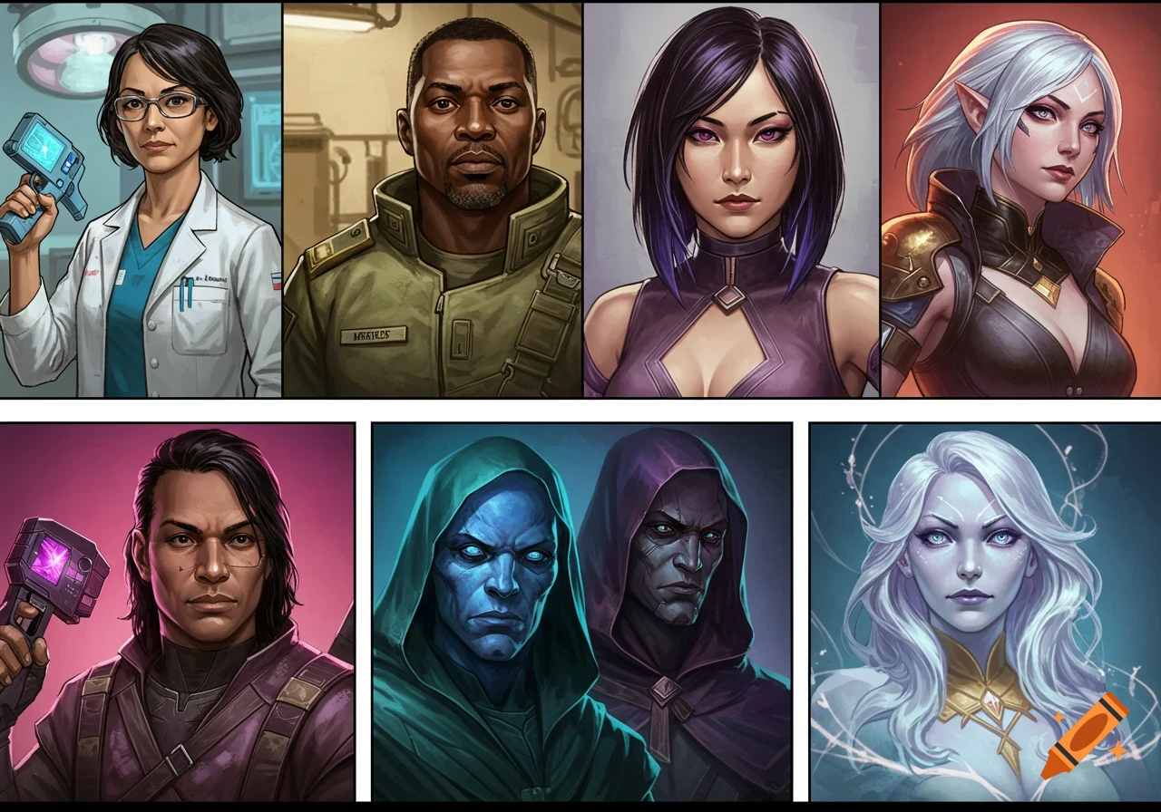A grid of six comic book style character portraits, including a doctor, a soldier, a cyberpunk woman, an elf, and two mysterious figures in hoods.