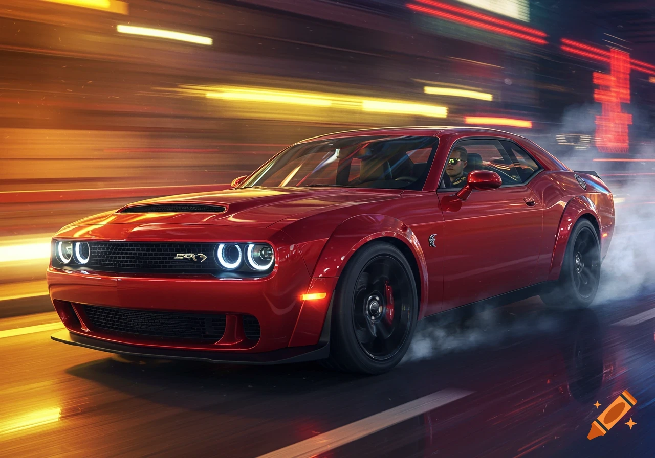 Red Dodge Challenger Hellcat with a driver, speeding at night with motion blur and glowing streetlights.