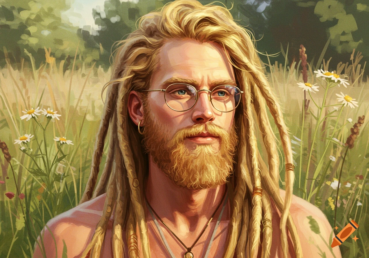 Illustrative portrait of a blond man with dreadlocks, a beard, and glasses, in a sunny field with wildflowers.