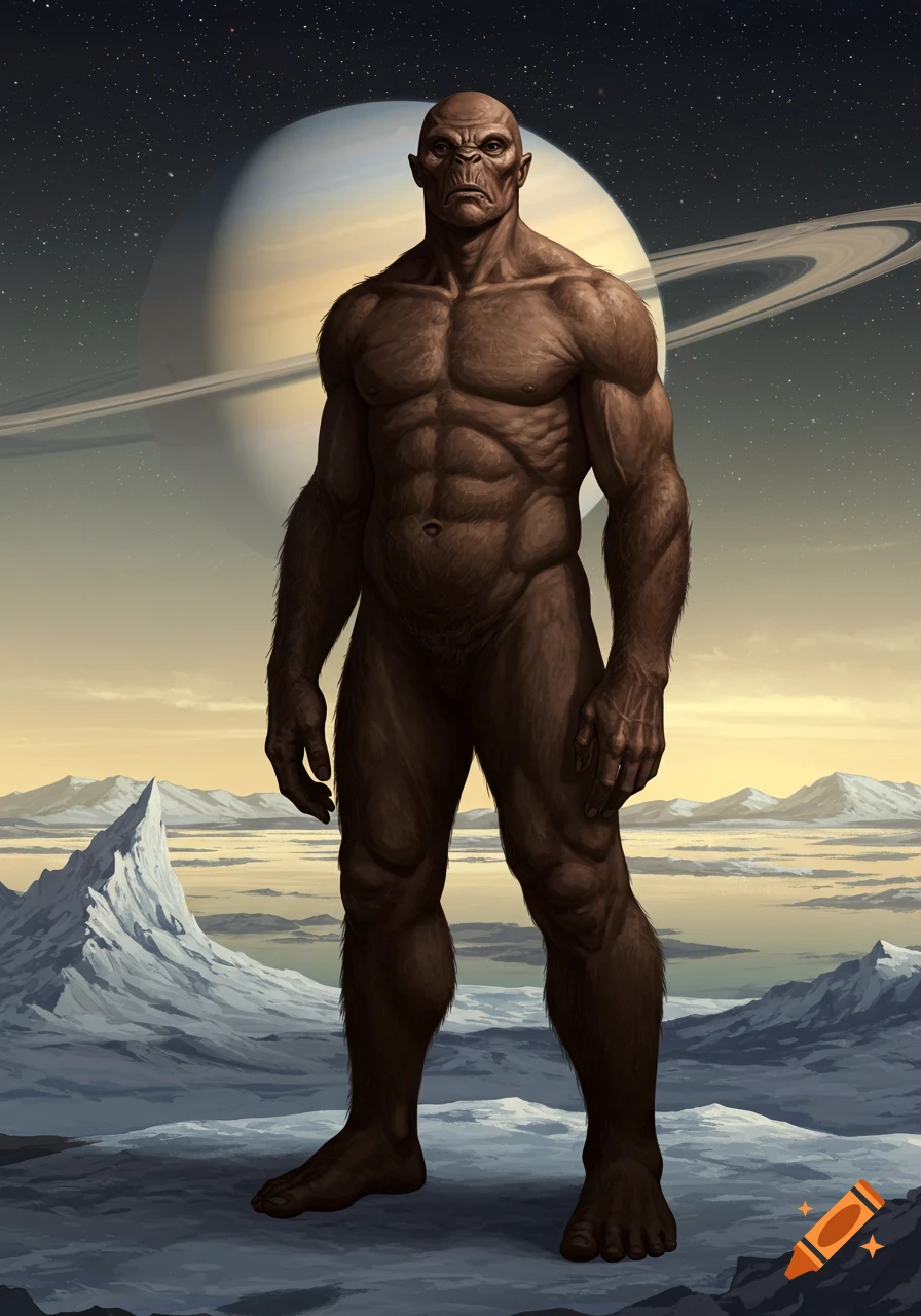 A muscular, hairy, alien-like humanoid stands on an icy alien landscape under a star-filled sky, with a large ringed planet (Saturn) in the background.