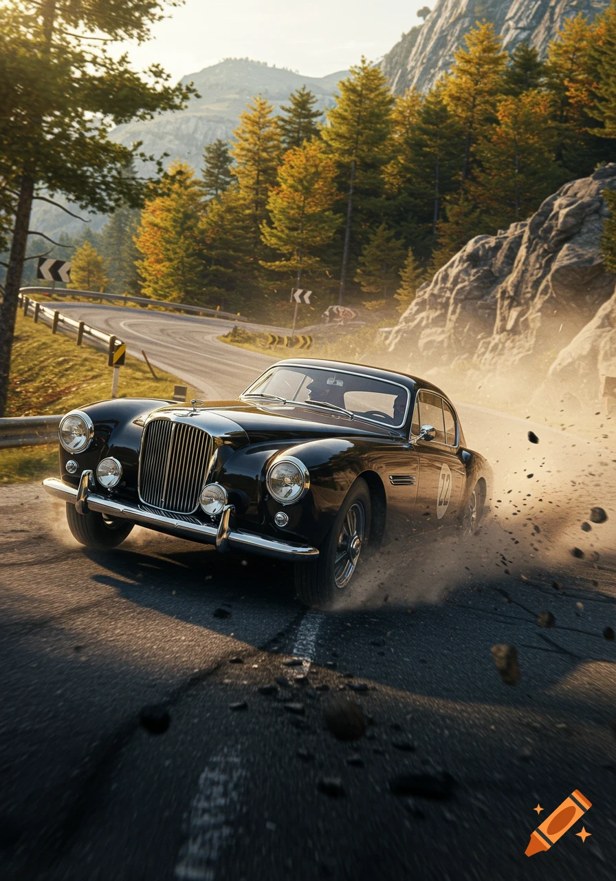A black vintage car with the number 22 on its side drifts on a winding mountain road, kicking up dust and debris. Tall pine trees and mountains are visible under a sunny sky.