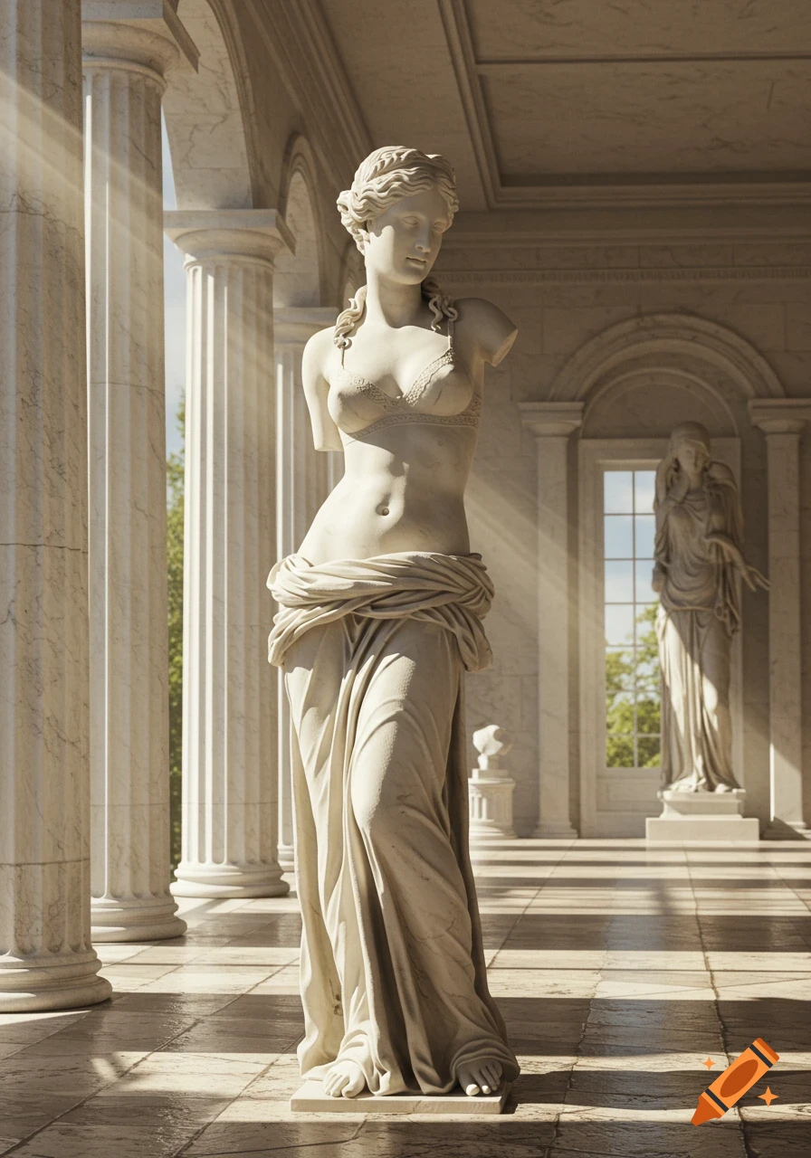 Marble statue of a female wearing a bra, standing in a sunlit classical colonnade.
