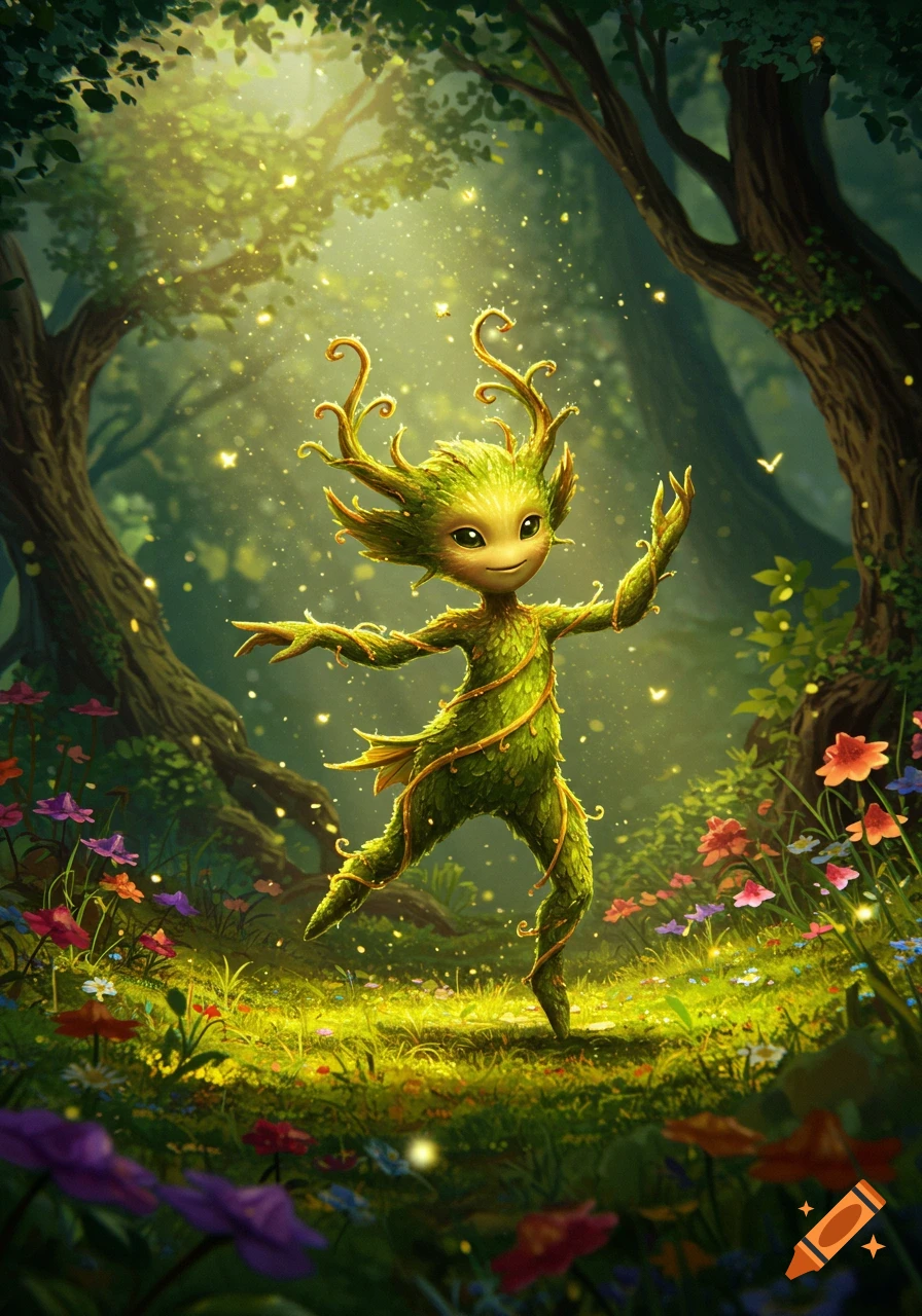 A smiling, leaf-covered forest sprite with antlers dances joyfully in a lush, magical forest with glowing dust and colorful flowers.