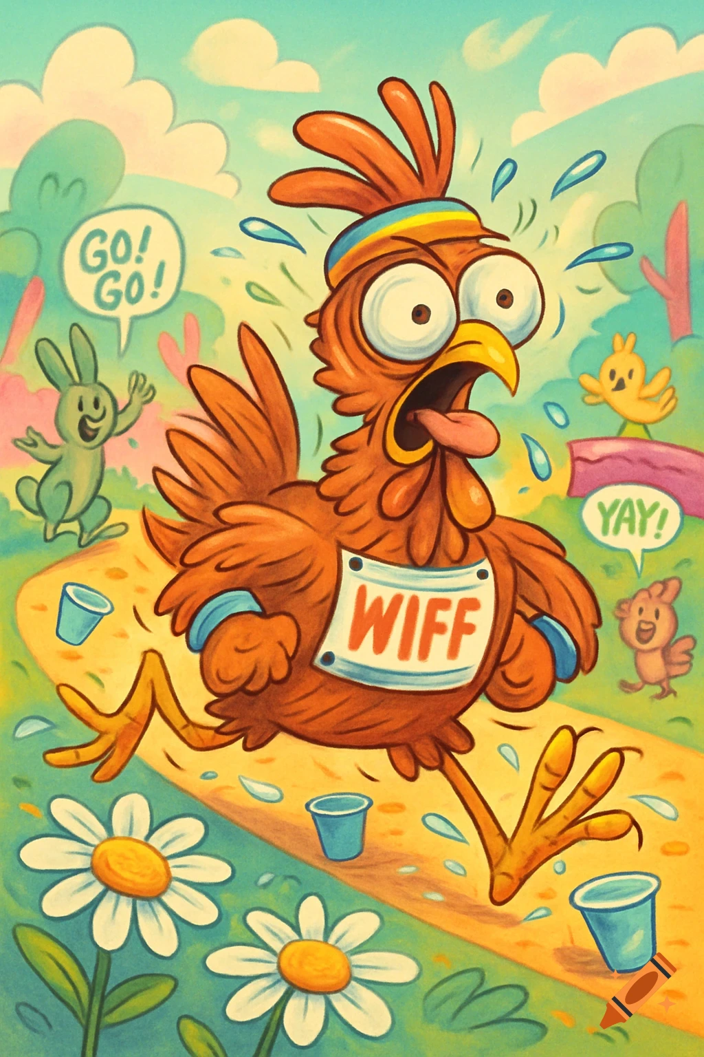 A silly, exhausted cartoon chicken with a race bib runs a marathon with other animals cheering. The style is cartoony.